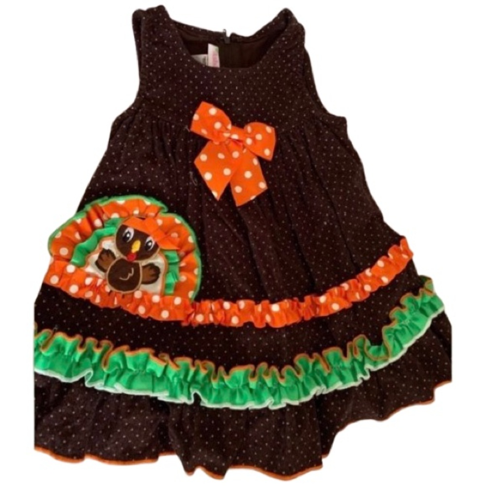 Ashley Ann Girls Thanksgiving Turkey Dress 12M Brown Fall Holiday Outfit